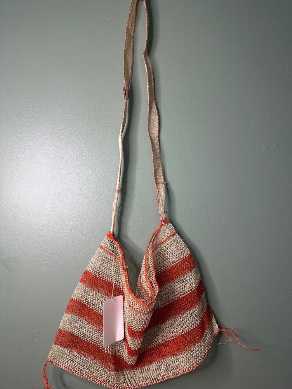 Handmade Laos Woven Shoulder Bag Natural Fiber Orange Stripe Boho Ethnic Market